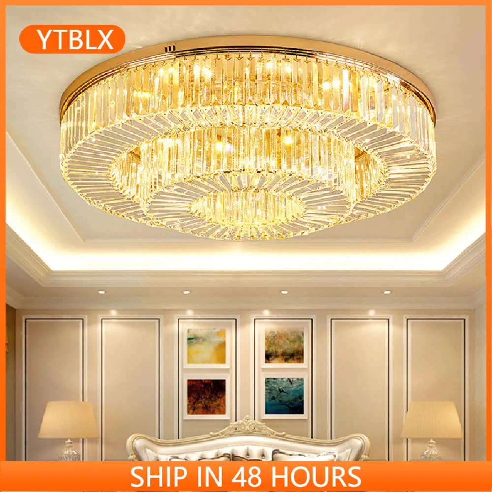 

Living Room Round Gold Steel Dimmable Led Ceiling Lights Luxury Modern K9 Crystal Bedroom Mounted Lamp Deco Indoor Lighting