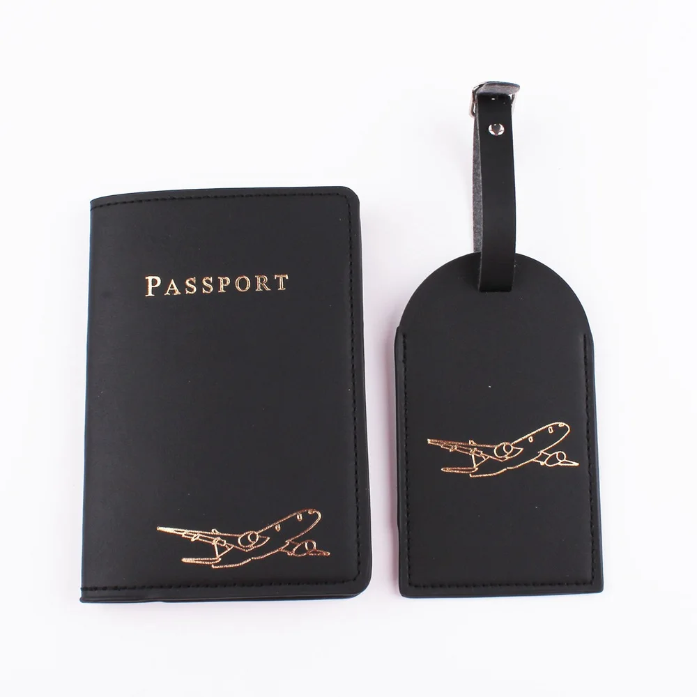 

Pink Black Passport Cover Simple Print Luggage Tag Set Women Men Travel Wedding Passport Cover Holder Fashion Wedding Gift