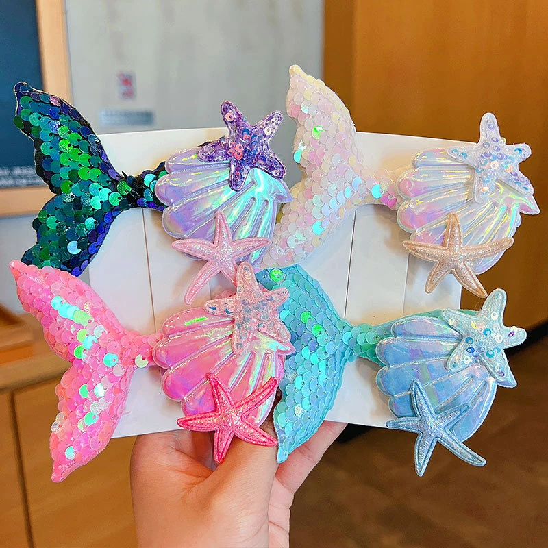 Ful Sequin Fish Tail Starfish Shell Mermaid Hair Clips For Girl Kids Cute Kawaii Fancy Hairpin Fashion Accessories Gift