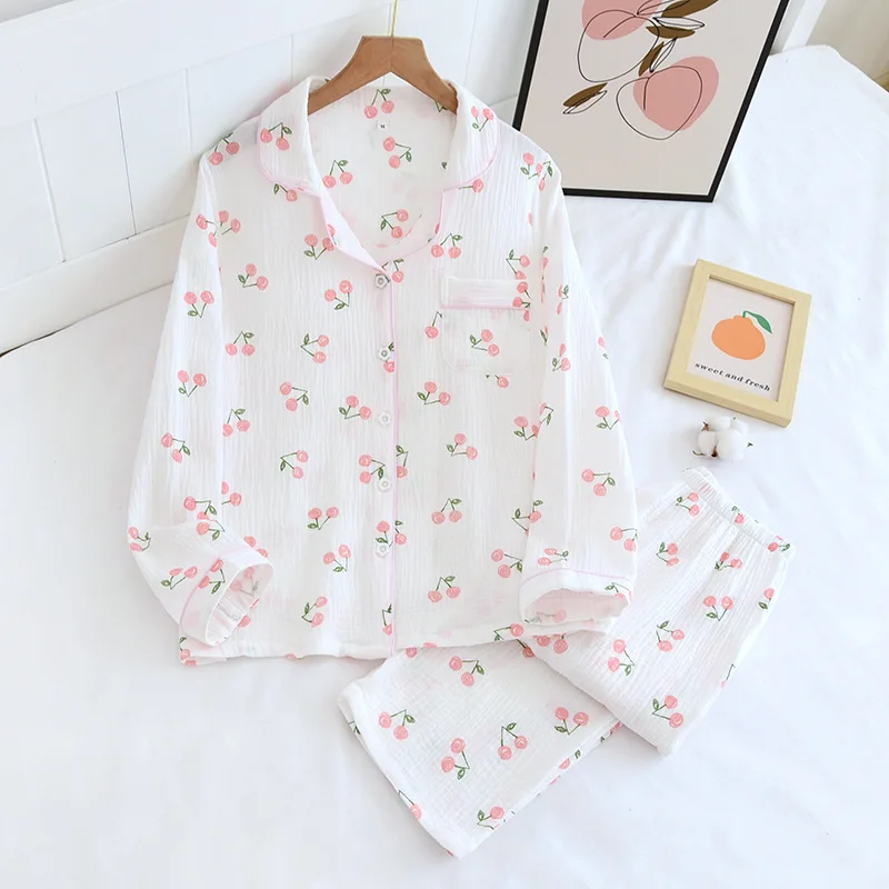 

Cute Sweet Girl Sleepwear Clothes Cotton Double-layer Gauze Pajamas Set for Spring Long-sleeved Loose Women's Home Clothes