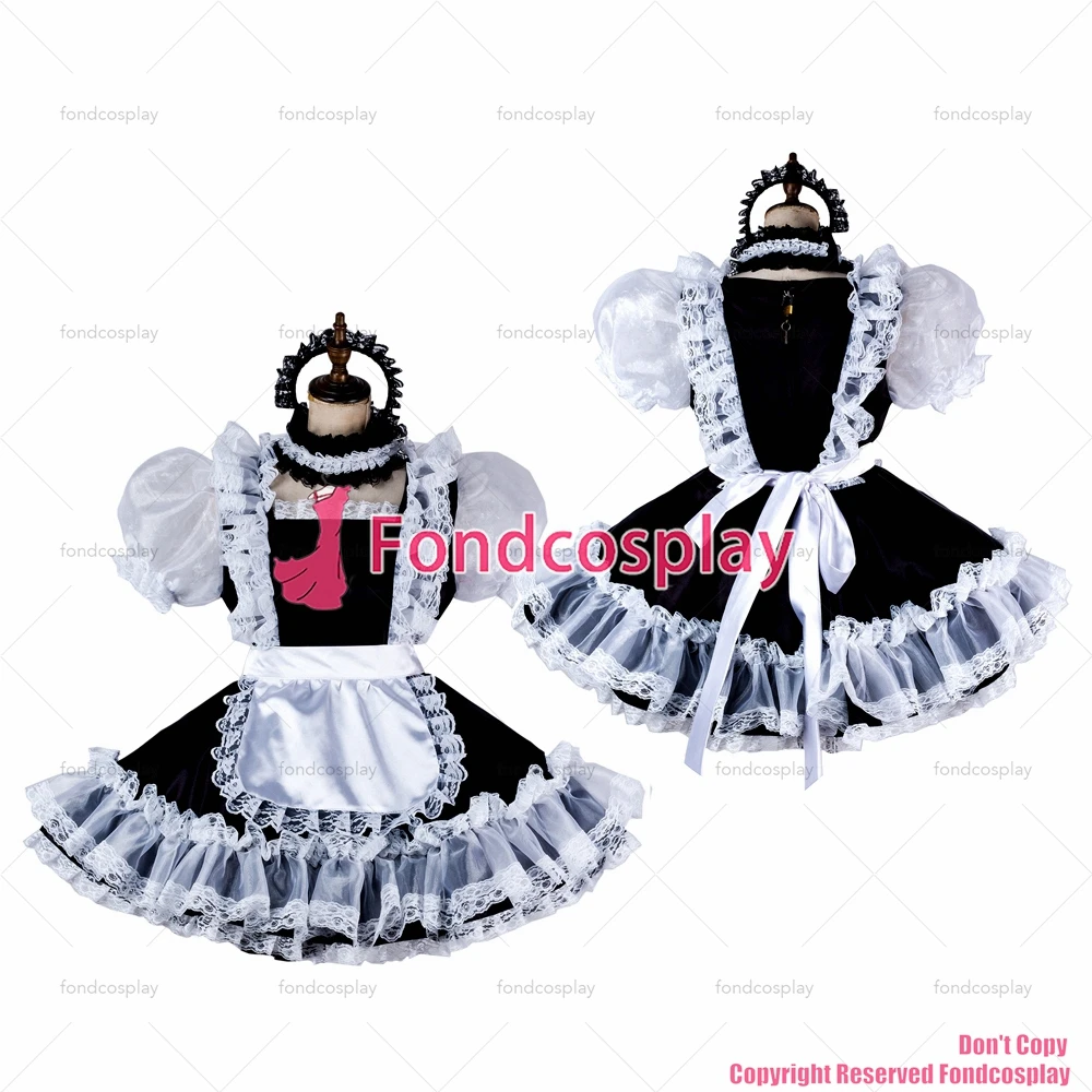 

tailor-made sexy adult dressing cross maid sissy short lockable black satin organza dress uniform white apron tv/cd[g2007]