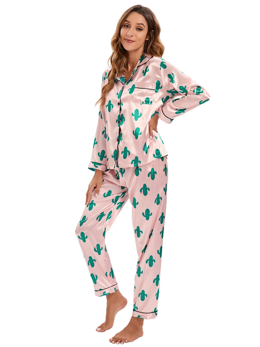 Womens Satin Pajamas Print Cactus Long Sleeve Sleepwear Silky Soft Button Down Loungewear Set Loose Leisure Homewear