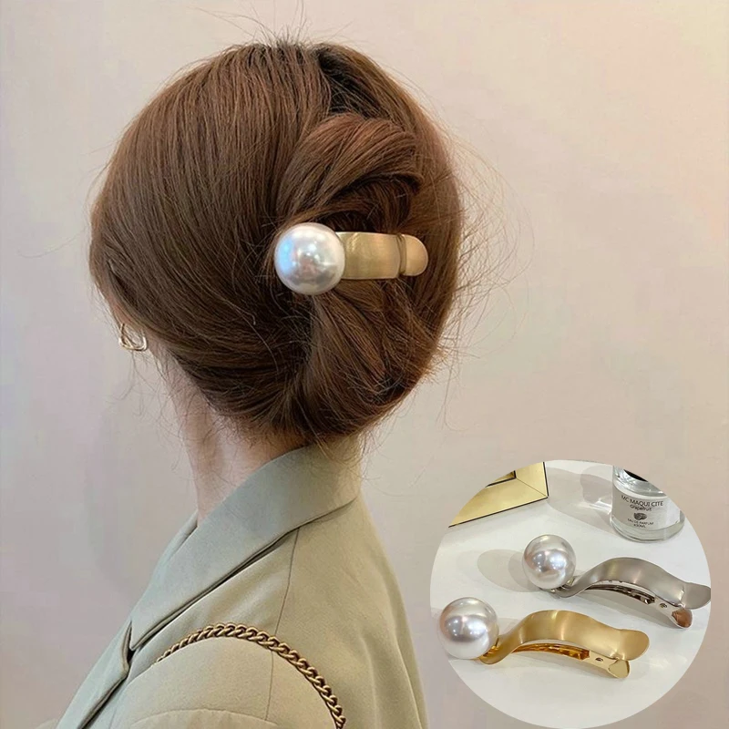 French Metal Pearl Hair Clip Temperament Duckbill Grip Clip Hair Claw Hairpin Hair Styling Tools Women Girls Hair Accessories