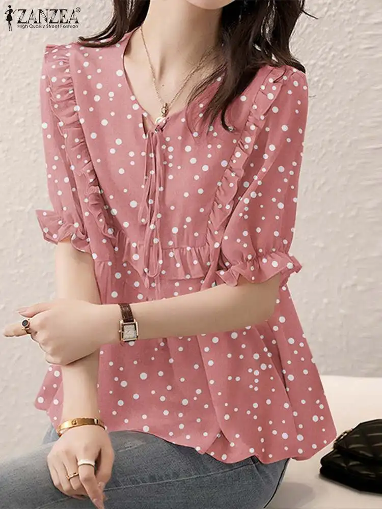 

Блузка ZANZEA женская с оборками, модная Повседневная рубашка с коротким рукавом, на шнуровке, с круглым вырезом, топ оверсайз в горошек, лето 2023