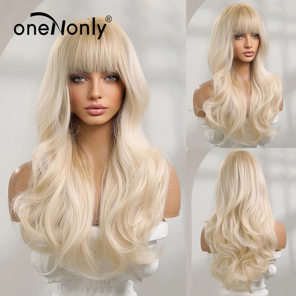 oneNonly Synthetic Wigs for Women Blonde Wig with Bangs Long Wave Natural Wig Hair Heat Resistant Fiber