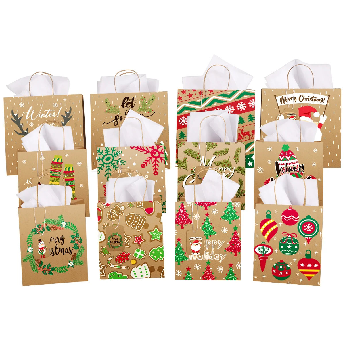 

12pcs Christmas Treat Bags Xmas Paper Candy Bags Handle Gift Present Wrapping Bags Boutique Gift Bag with Tissue Paper Tags