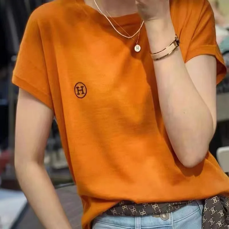 

2022 new women's cashmere O-neck H-cashmere short sleeve women's popular casual fashion women's wear Embroidery