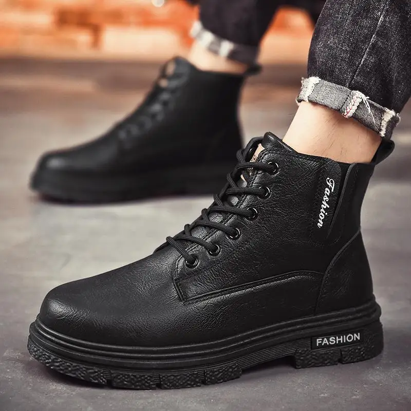 

Men's Autumn Black High-Top Worker Boot Boys Casual Leather Shoes Mid-Top Height Increasing Combat Motorcycle