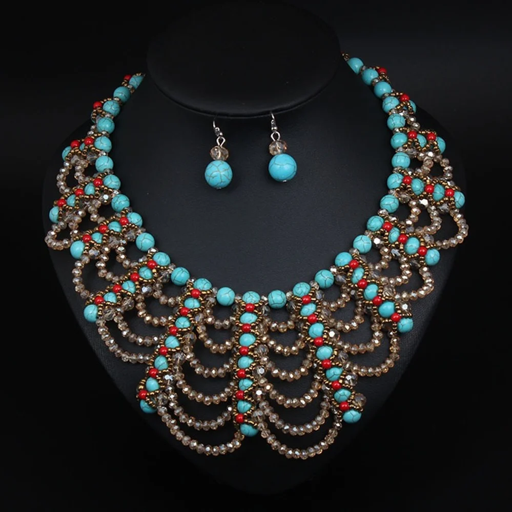 Collar de varias capas estilo bohemio turquesa para mujer, joyería de mano con diamantes de imitación, joyería de Boda nupcial, diseño de Collar falso