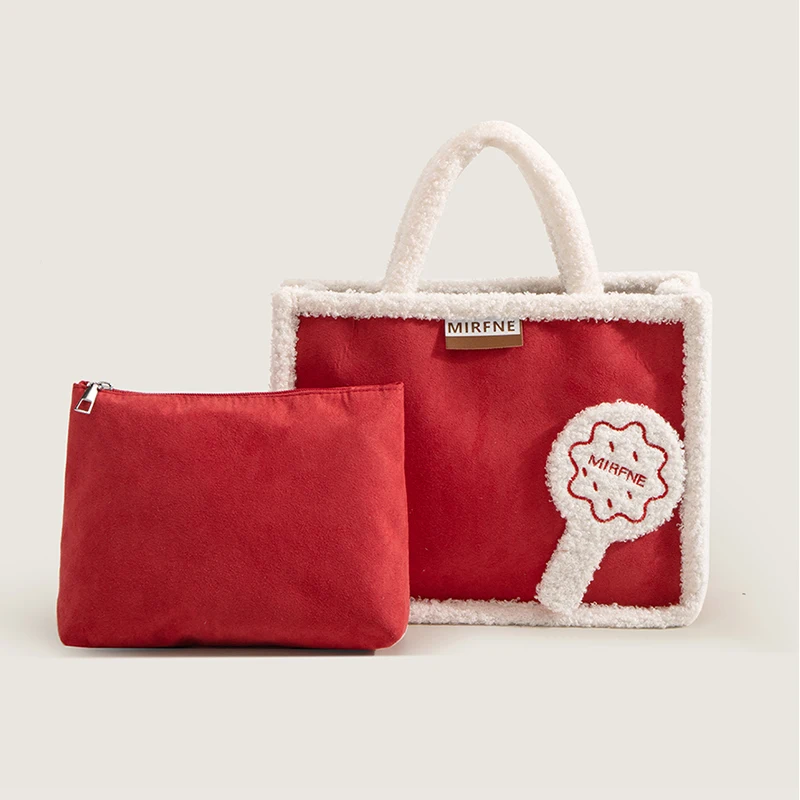 2 Sets Plush Tote Bag for Women 2022 Cute Girls Designer Handbag with Wallets Autumn And Winter Imitation Lamb Wool Shoulder Bag