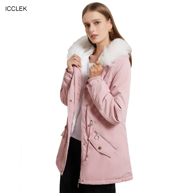 ICCLEK European new style women's large, medium and long plush cotton clothes women's warm belt wool collar loose winter coat