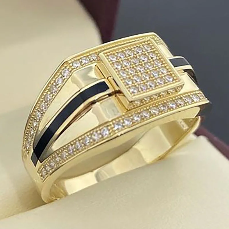 

Gold Black Stripe Inlaid Zircon Men's Oil Drip Ring New Fashion Temperament Anniversary Celebration To Attend The Banquet Ring