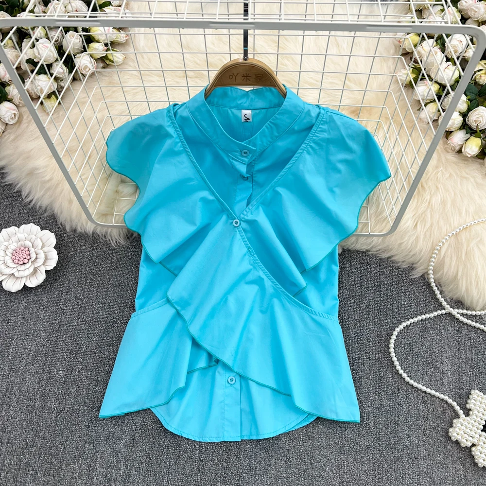 

SuperAen Summer Sweet Temperament Stand Collar Fake Two Ruffle Stitched Fly Sleeve Shirt Women's Korean Style Top