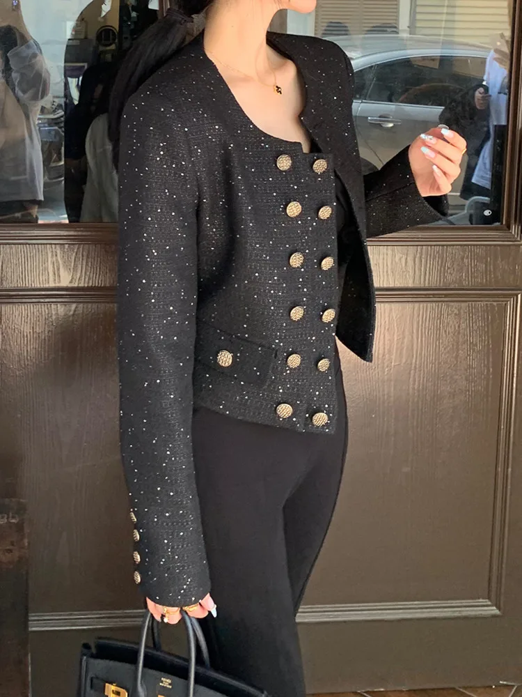 em UCXQ Elegancki blezer Płaszcz Koreański Styl O Szyja Dwurzędowa Moda Wszystko Dopasowane Krótkie Kurtki Kobiety 2024 Nowa Wiosna Jesień