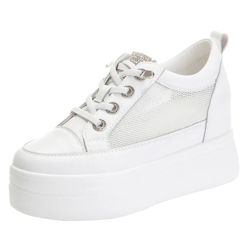 

7cm Air Mesh Genuine Leather Women Shoes Platform Sneakers Wedge Hidden Heel Women Summer Shoes Fashion Sneakers Comfy