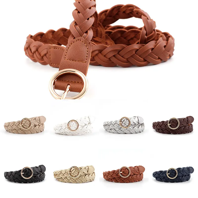 

Women PU Leather Braided Belt Round Gold Pin Buckle Solid Color Knitted Casual Decorative Thin Belt 110cm Fashion Accessories