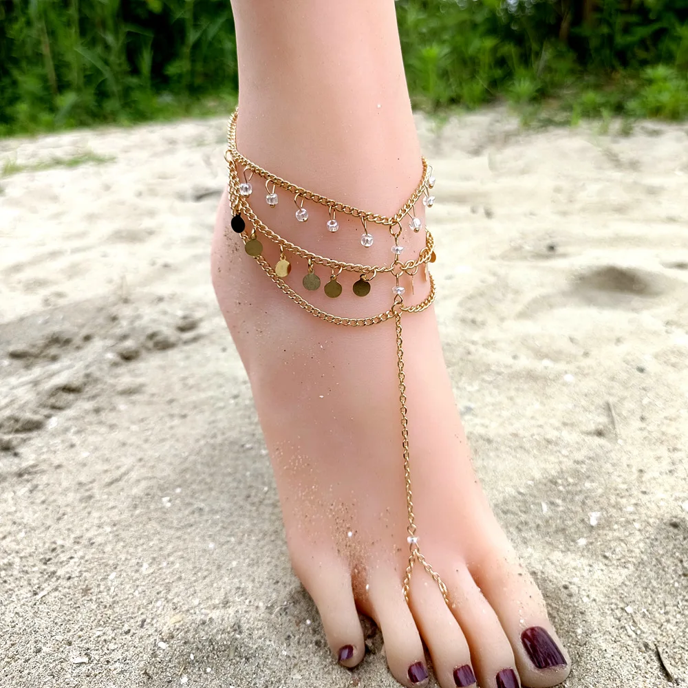 

Fashion Creative Metal Sequin Crystal Tassel Pendant Anklets Boho Gold Color Chain Toe Ring Anklets For Women Beach Foot Jewelry