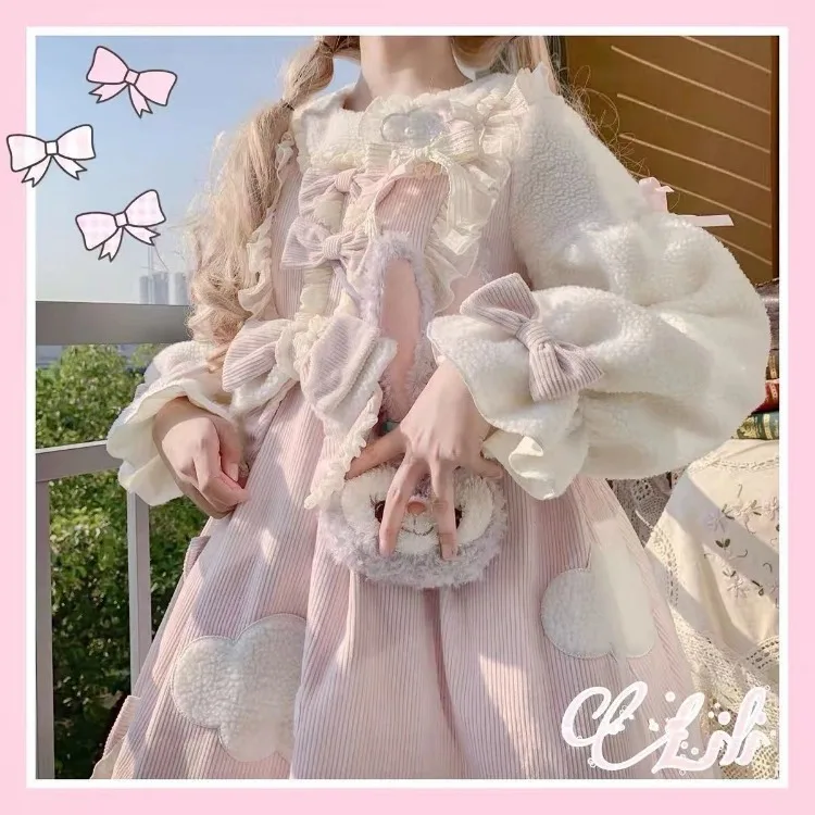 Осенне-зимнее Новое толстое теплое платье для женщин Y2k с бантом и тонкой талией