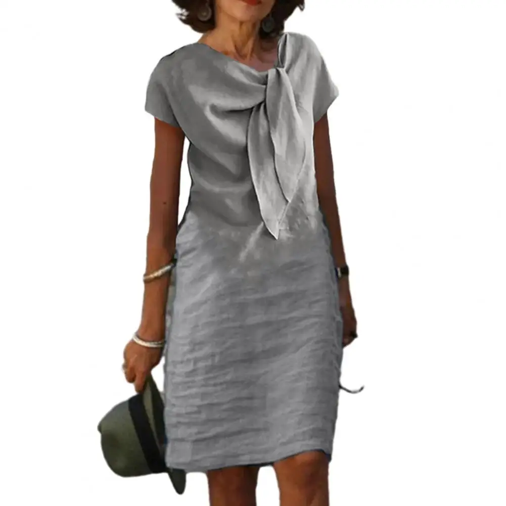 

Винтажное женское платье миди с V-образным вырезом, трапециевидной формы, однотонное свободное летнее платье с коротким рукавом и завязками, женская одежда, женское платье