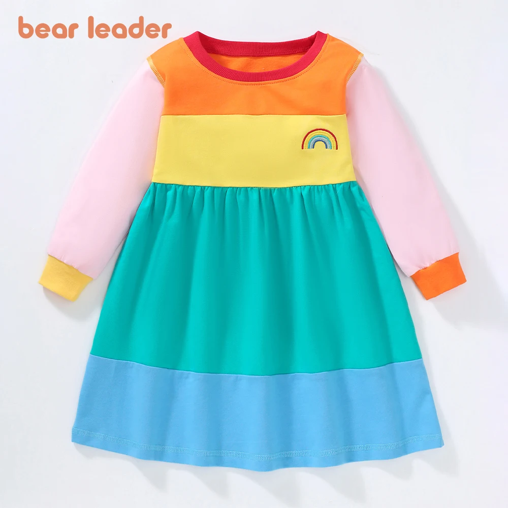 

Bear Leader Girls' Dress 2023 Autumn New Girls' Rainbow Multi Color Panel Long Sleeve Dress Children's Sweet Fashion Dress