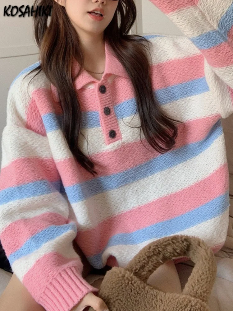 

Autumn Y2k Harajuku Loose Sweater Women Knitted Striped Pullovers Long Sleeve Grunge Crop Tops Turn Down Collar Sweaters Female