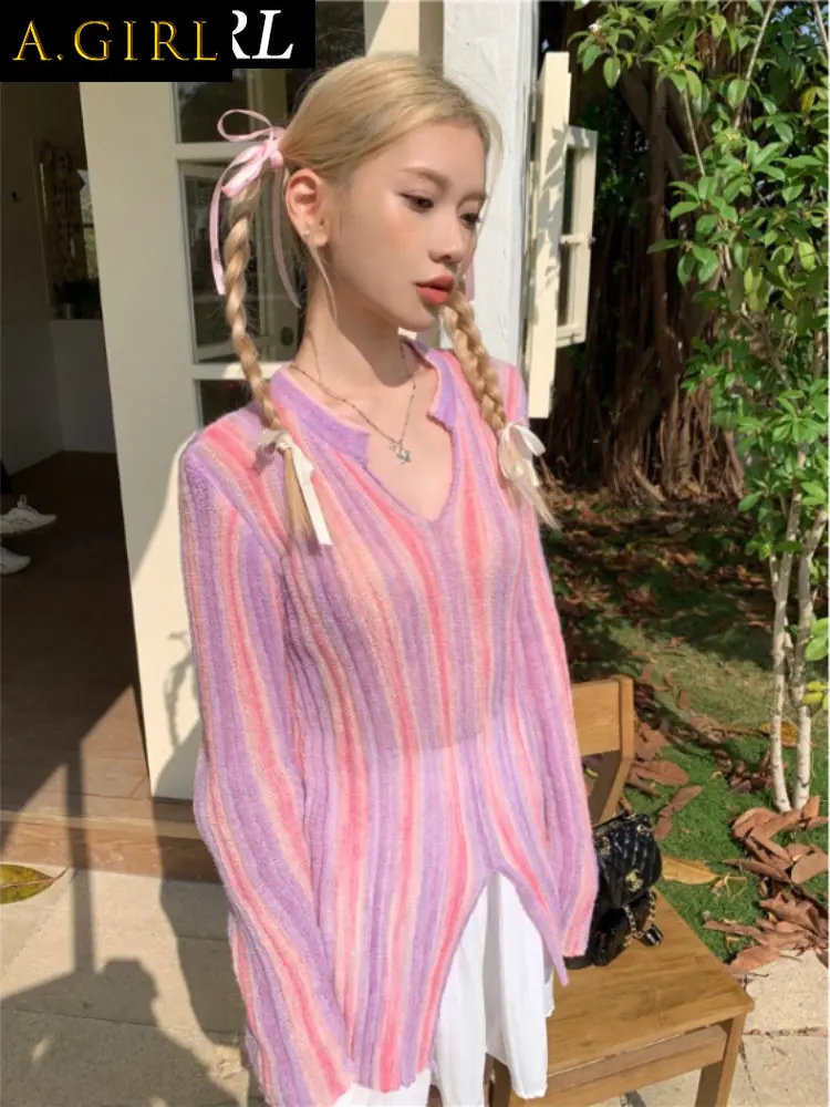 

Женский постепенный полосатый свитер M GIRLS, летние облегающие Топы Y2k, дизайнерская женская одежда с V-образным вырезом и разрезом, милая корейская мода, женская одежда