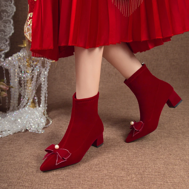 Красные женские ботильоны зимняя обувь женская 2024 туфли-лодочки до щиколотки на