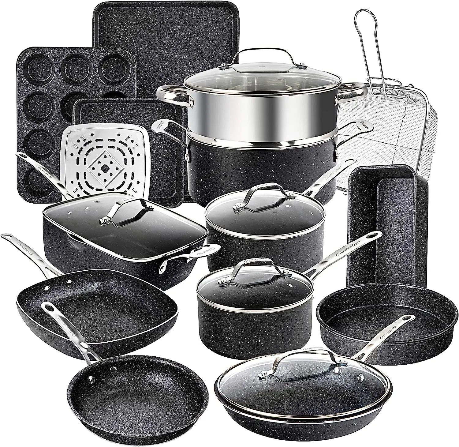 

Black Pots and Pans Set Nonstick, 20 Pc Kitchen Cookware Set & Bakeware Set with Mineral & Diamond Coating, Long Lasting