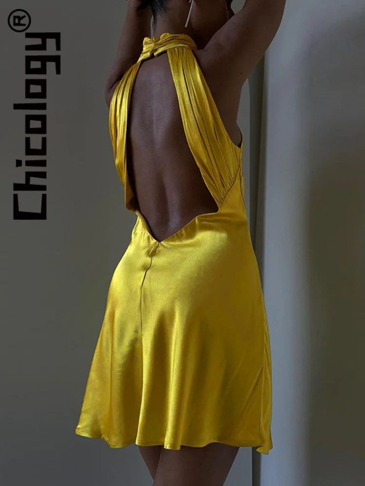 

Chicology Backless Satin Bright Sleeveless Sexy Bodycon Mini Dress Party Club Birthday Vacation Evening Summer 2022 Women Outfit
