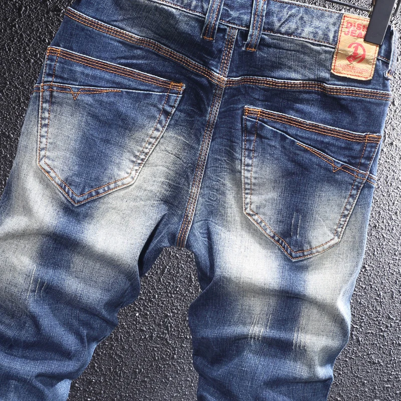 Итальянский стиль модные мужские джинсы потертые синие эластичные облегающие