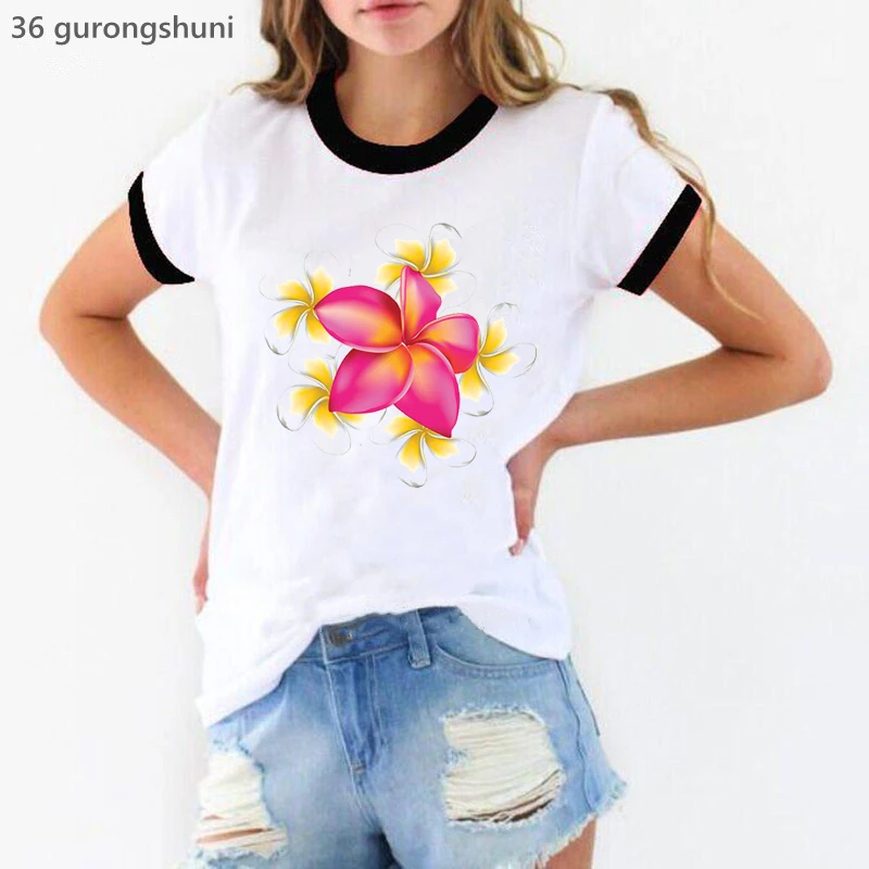 

2022 Hot Sale Funny T Shirt Girls Plumeria Aloha Graphic Print Tshirt Summer Fashion White T-Shirt Women Korean Style Clothes