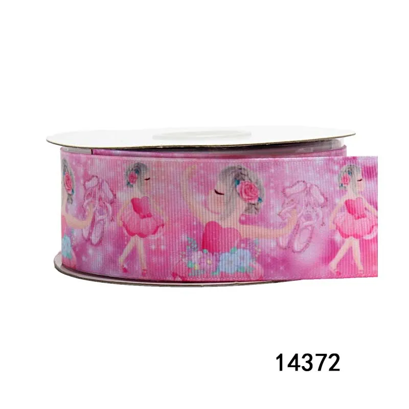 

Pink Dancing Girl Cartoon Printed Ribbon Grosgrain 25mm 10yards/lot for DIY Holiday Crafts Hair Bow Decoration Material