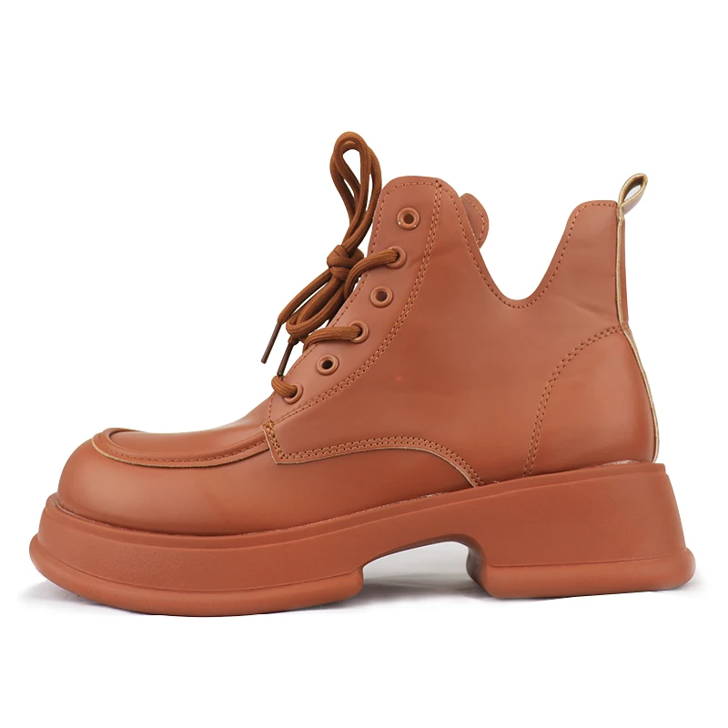 Risstarser Women Ankle Boots PU Leather Female Platform Shoes Round Toe Lace-up Women Short Boot Solid Retro Women Boots