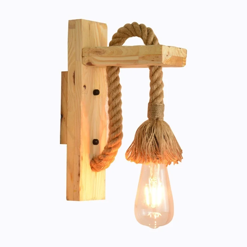 

American Retro Hemp Rope Wall Lamp Wood Decorative Lamp Staircase Restaurant Living Room Decoration Led Wall Light E27 Bulb
