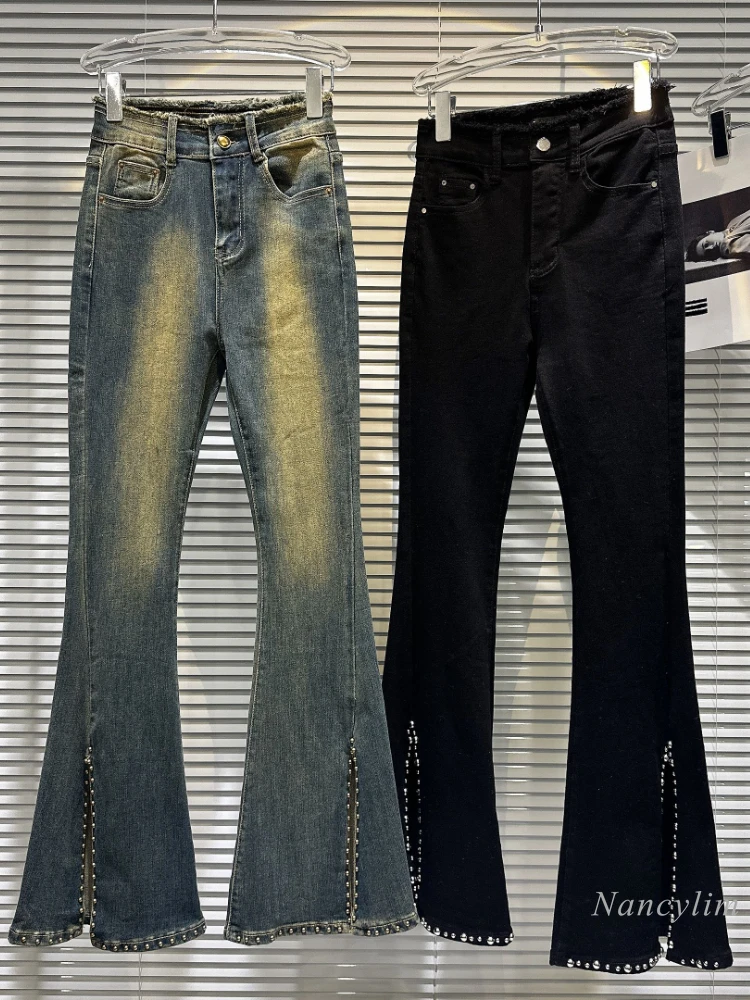 

Новинка Осень 2023 облегающие брюки-клеш с заклепками узкие джинсы для женщин уличные длинные джинсовые брюки в стиле ретро