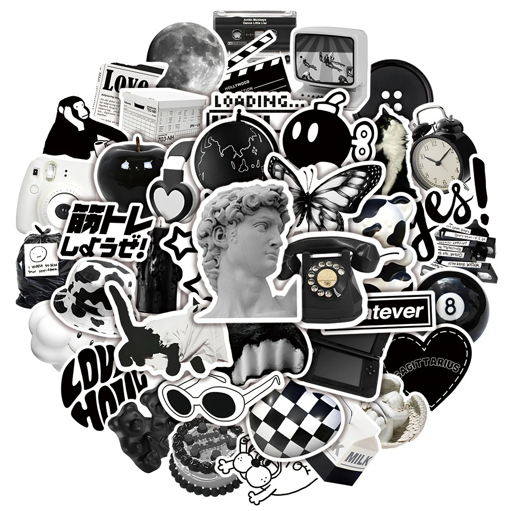 

10/30/50pcs Cool Ins Style Cute Stickers Black White Simple Decal Decoration Laptop Fridge Phone Luggage Waterproof Wall Sticker