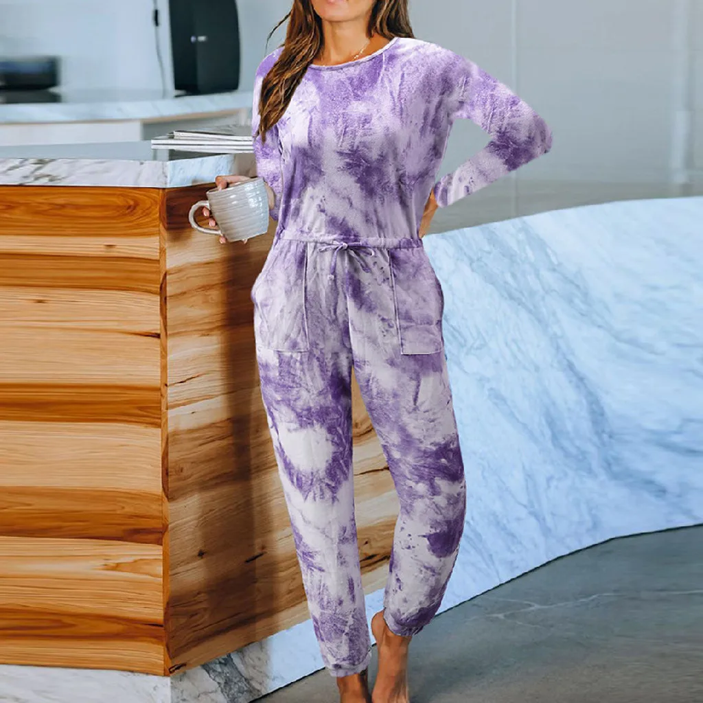 

Fashion Women Casual Tie-dye Print Gradient Long Sleeves Tracksuit Jumpsuit off Shoulder Pajamas Women Women Sleepwear Shorts