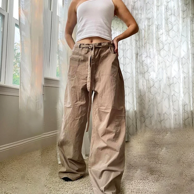 

WeiYao Khaki Vintage 90s Pockets Cargo Pants With Sashes Low Waist Casual Loose Baggy Wide Leg Trousers Women Hippie Joggers