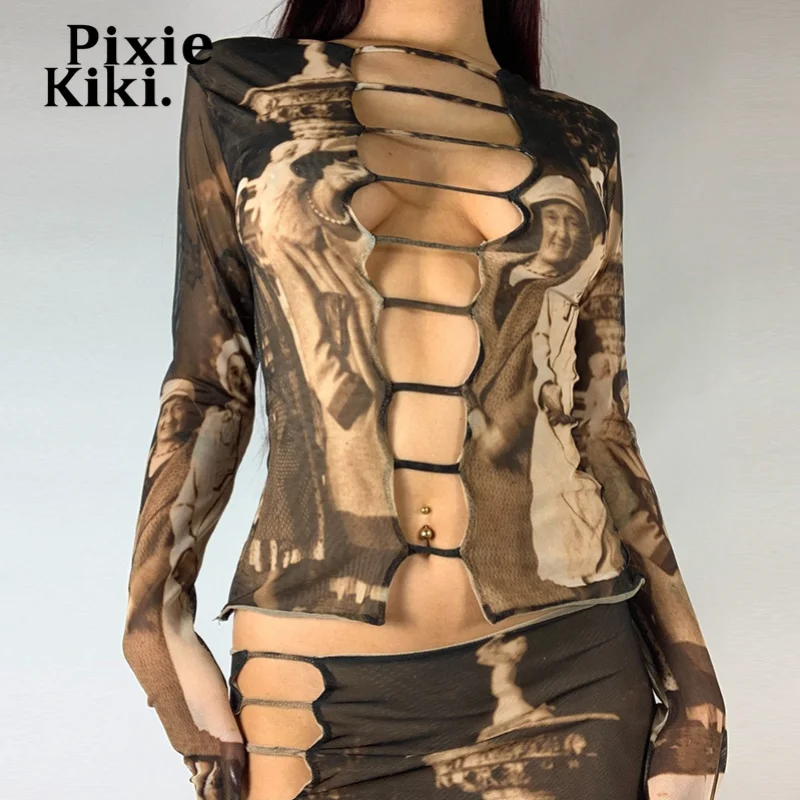 

PixieKiki Sexy Hollow Out Long Sleeve Crop Top Indie Aesthetic Y2k Clothes for Women Mesh Sheer Graphic T Shirts P85-CZ10