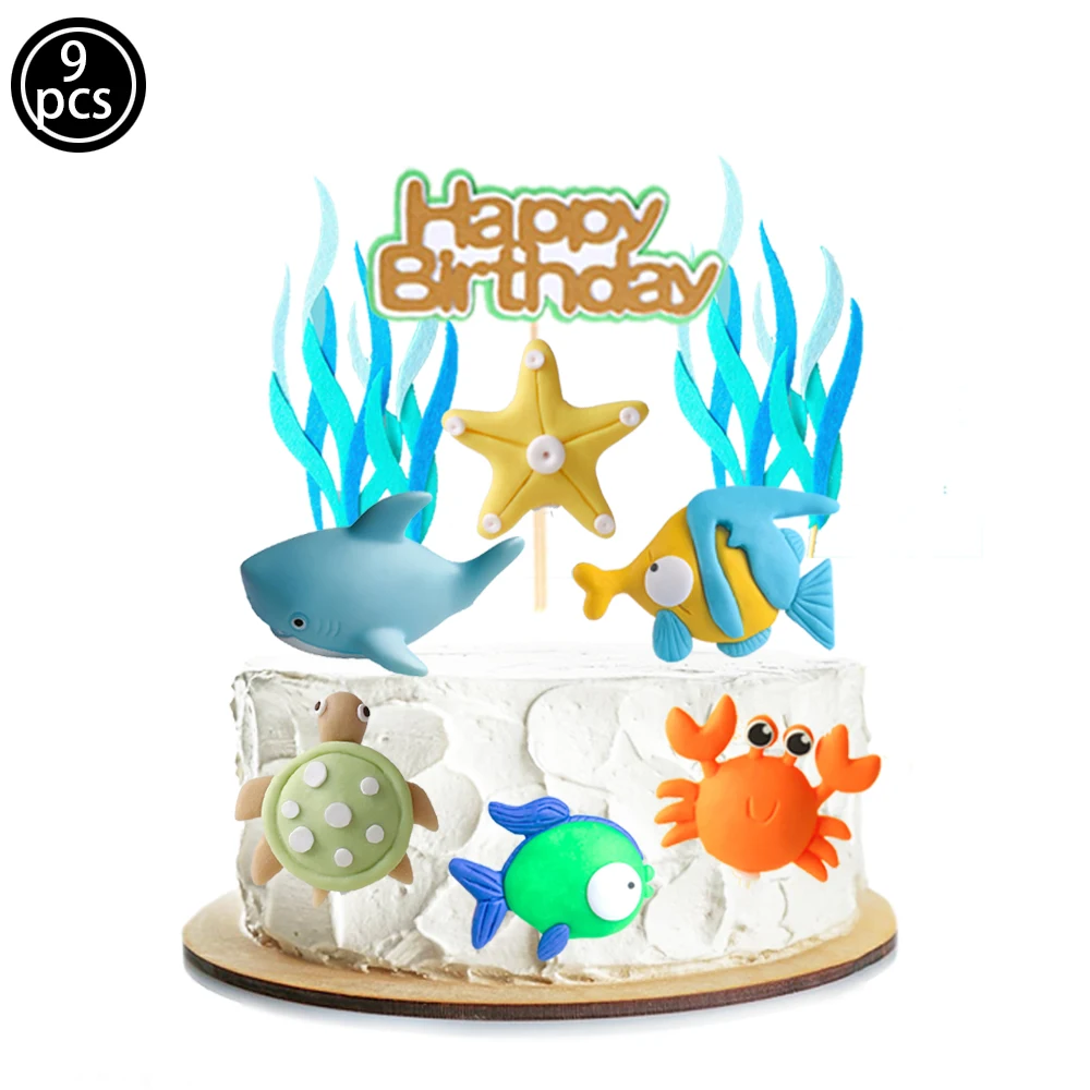 9Pcs Ocean Animals Sea Cake Toppers Birthday Cake Decoration Baby Shower Party Supplies Ocean Theme Birthday Party Decorations images - 6