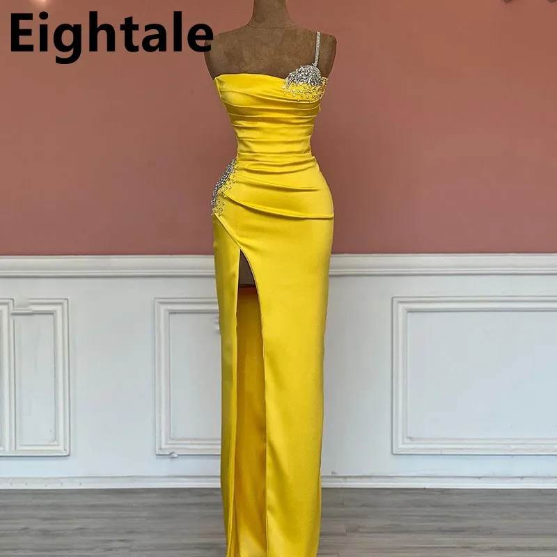 

Eightale Yellow Mermaid Evening Dresses One Strap Pleats Side Slit Dubai Celebrity Party Gown Arabia Satin Prom Graduation Dress