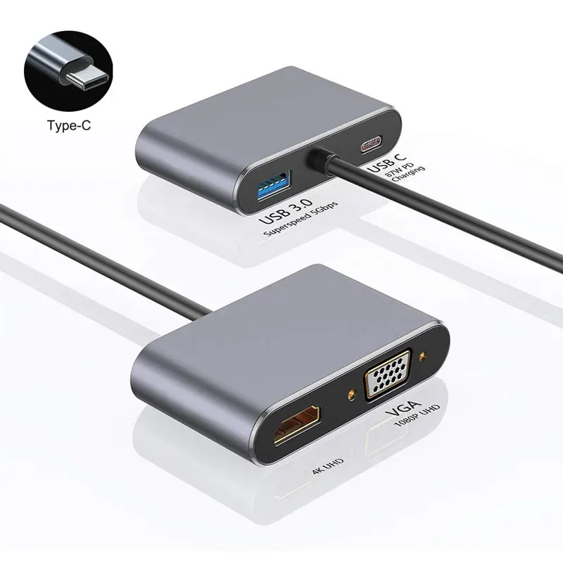 4 In 1 USB C Docking Station Type C To HDMI-Compatible VGA USB 3.0 Converter Hub For Mobile Phone Laptop DVD Player Projector
