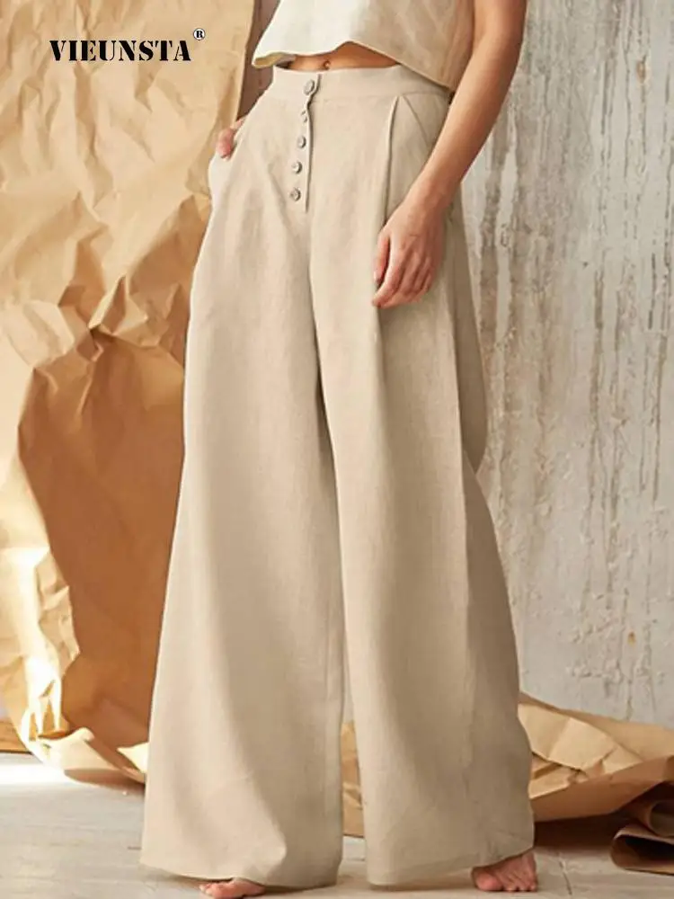

Vintage Loose Cotton Linen Wide Leg Pants Women Daily Wear Long Pants Mujer Ladies Solid Color High Waist Casual Button Trousers