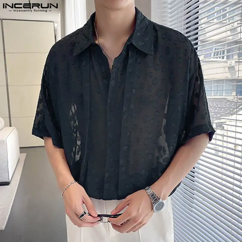 

Рубашка INCERUN Мужская в горошек, короткий рукав, отворот, свободная уличная одежда, Прозрачная Тонкая на пуговицах, лето 2023