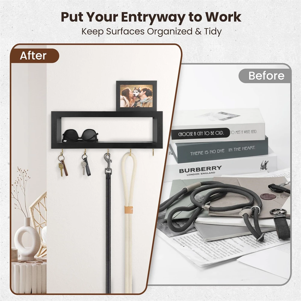 Деревянная настенная полка с крючками для прихожей декоративный держатель