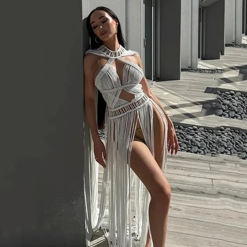 2023 New White Women's High Neck Long Tassel Sexy Perspective Design Dress Fashion Nightclub Birthday Party Dress Vestido Festa