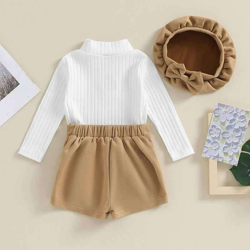 

Baby Girl 3Pcs Fall Outfits Long Sleeve Keyhole Ribbed Tops Shorts Hat Set Toddler Clothes