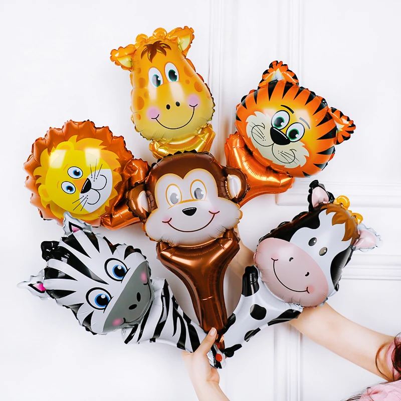10pcs Handheld Animal Head Foil Balloons Cow Zebra Inflatable Air Balloon Jungle Party Decoration Kid Toys Birthday Party Decor