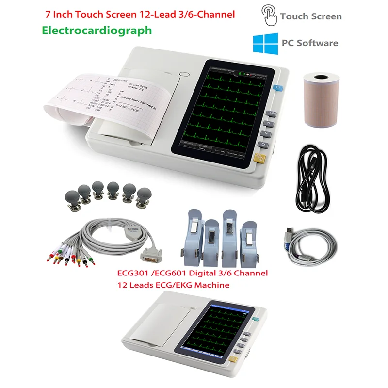 

7 inch touch screen ECG301 /ECG601 Digital 3/6 Channel 12 Leads ECG/EKG Machine Electrocardiograph Optinal Workstation software
