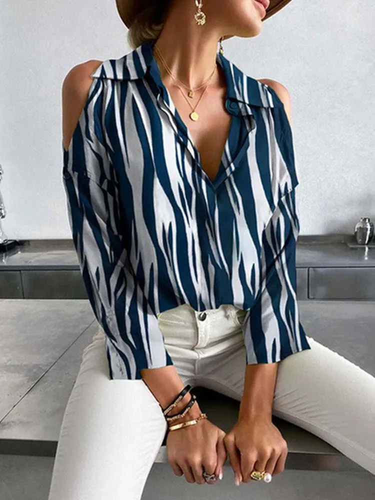 

Autumn Print Long Sleeved Off Shoulder Vintage Patchwork Tops 2022 Fashion Women Lapel Button Up Blouse Chemise Shirts Blusas